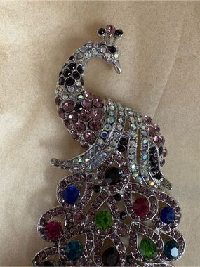 Rhinestone Peacock Brooch with Multicolor Gems
